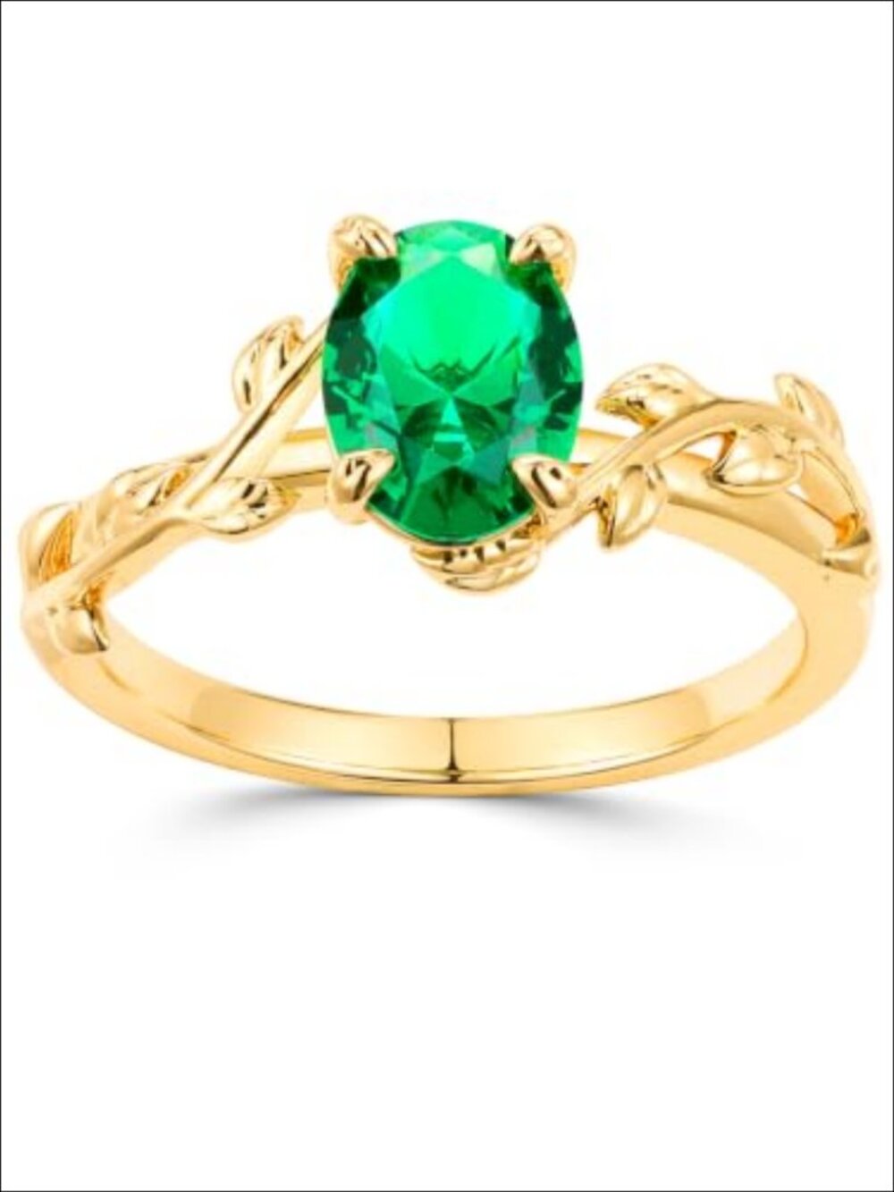Sterling Silver Gold Plated Oval Created Emerald Leaf Ring Engagement Promise